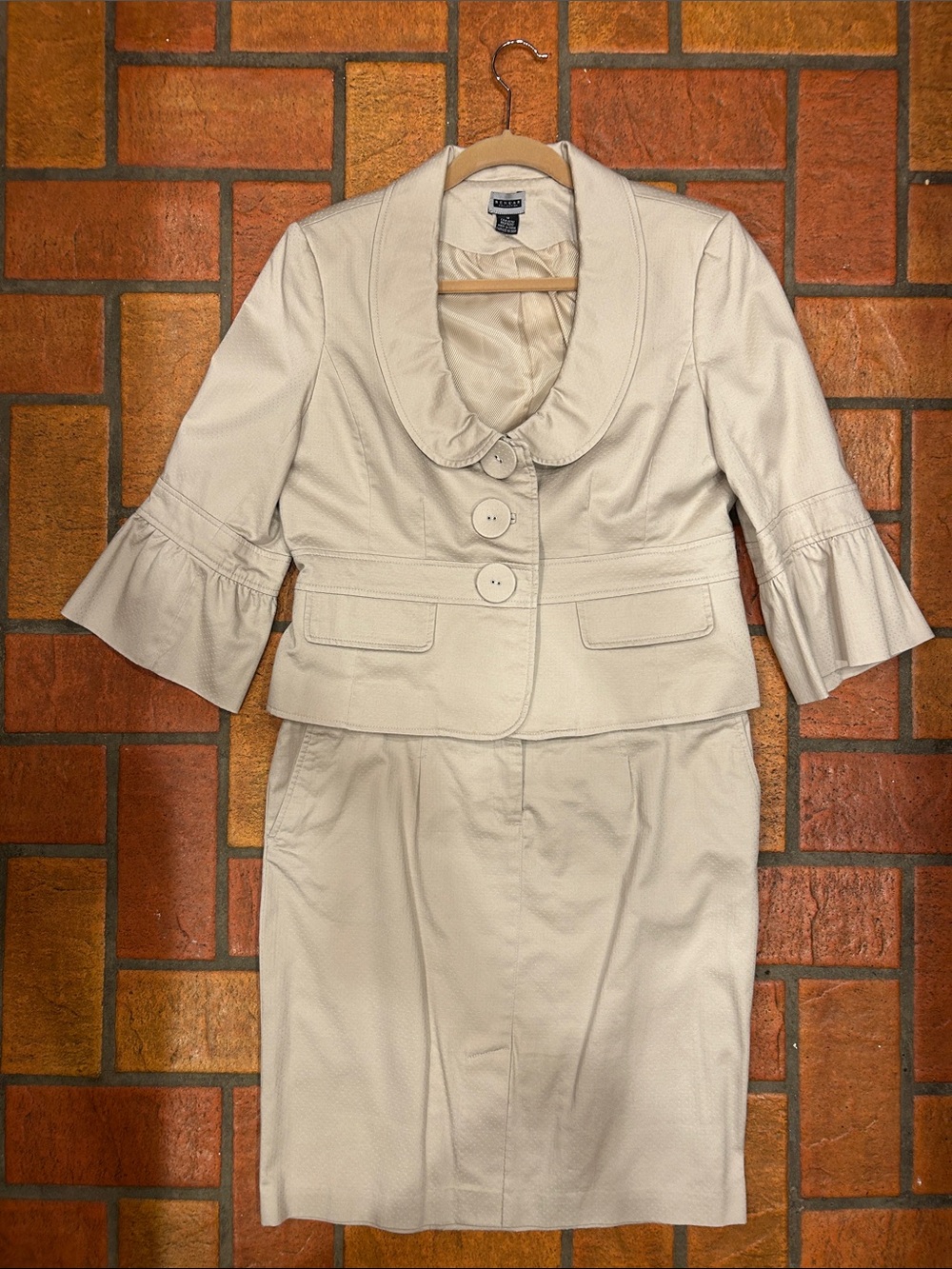 Renuar Khaki Button-Front Skirt Suit with Flared Sleeves